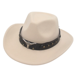 Detail of beige felt cowboy hat with bull head emblem and vintage studded leather band