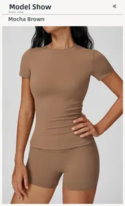 Mocha brown slim-fit brushed yoga set featuring round neck t-shirt and athletic shorts