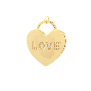 Golden heart pendant with LOVE text and micro-pave crystals on white background
