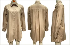 Vues détaillées de la robe chemise kaki à manches longues avec ourlet courbé et fentes