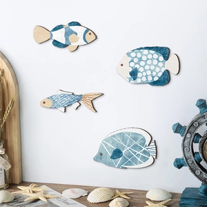 Set di 4 decorazioni murali in legno a forma di pesce in stile mediterraneo blu