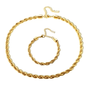18K gold-plated stainless steel rope chain necklace and bracelet jewelry set on white background