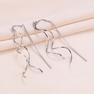 Elegant S925 sterling silver long ear threader earrings with spiral wavy curves in silver