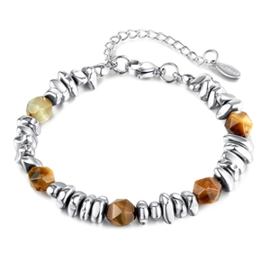 Polished stainless steel bracelet featuring faceted tiger eye beads and lobster clasp