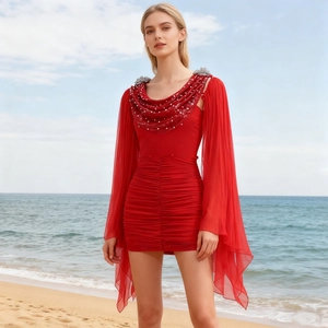 Robe Mini Froncée Rouge Sexy Avec Décolleté En V Künstliche Perles Strass Et Manches Cape En Mousseline Pour Femme Fête Soirée Élégante