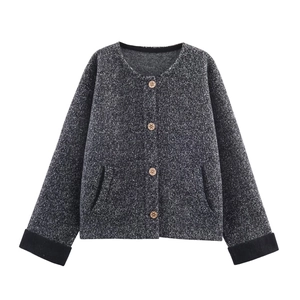 Women's retro melange knit cardigan with round neck and star-patterned buttons