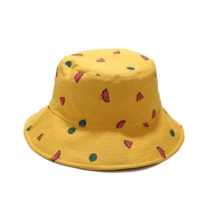 Reversible yellow bucket hat with cute cartoon watermelon embroidery and cotton fabric