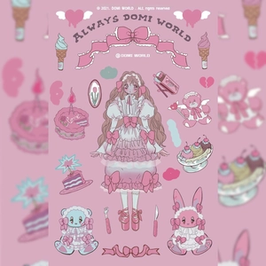 Pink Kawaii anime girl stickers with teddy bear and dessert elements for journaling