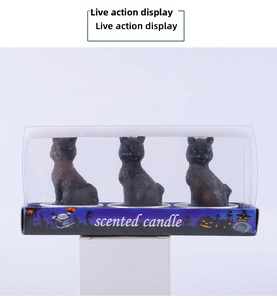 Detail view of Halloween black cat scented candles in festive purple packaging box