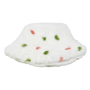Close-up of white plush bucket hat with colorful pink and green polka dots details