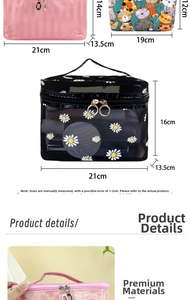 Detailed size chart for textured travel cosmetic bags showing dimensions and top handles