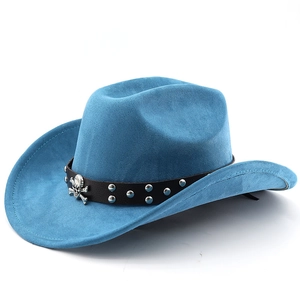 Detail of blue faux suede cowboy hat featuring silver studs and skull emblem band