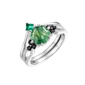 S925 silver ring featuring a hexagonal green moss agate and geometric gemstones on white background