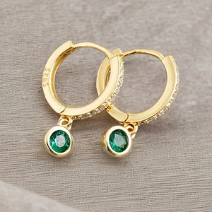 S925 sterling silver gold plated hoop earrings with round green gemstone pendants