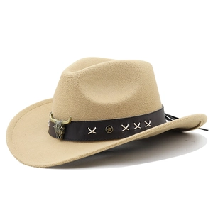 Detail of khaki wool felt cowboy hat with leather band and metal bull head buckle
