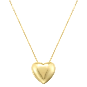 Close-up of polished gold-tone heart pendant on a delicate link chain necklace