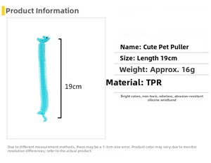 Detail of 19cm cyan caterpillar stretch toy showing TPR material texture and size specs