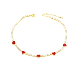 Gold choker necklace with sparkling zircons and five red enamel heart pendants