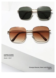 Detail of square metal sunglasses with tinted lenses and gold-toned frames on stands