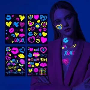 UV glowing temporary tattoo stickers with heart, lip print, and Cupid designs for body art