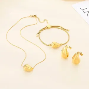 18K Gold Plated Stainless Steel Jewelry Hollow 3D Teardrop Necklace Adjustable Snake Bone Bracelet Stud Earrings