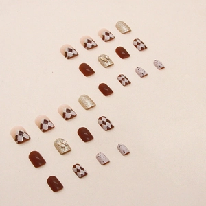Brown plaid and gold glitter press-on nails set with elegant eggshell pattern style