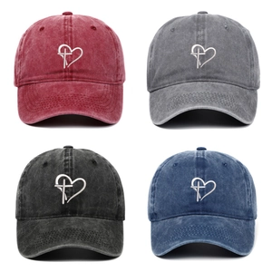 Vintage Baseball Cap Washed Cotton Cross Heart Embroidery Adjustable Sunshade Hat Unisex Casual Streetwear Style