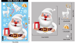Detailed dimensions of Christmas window stickers featuring Santa Claus and reindeer icons