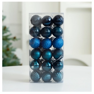 Detailed view of 18 blue Christmas tree ornaments with matte and glitter finishes