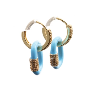 Golden star hoop earrings with sky blue enamel and sparkling micro-inlaid zircon crystals