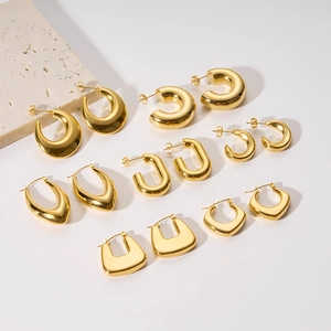 6 pairs of 18K gold plated stainless steel geometric hoop earrings set on white background
