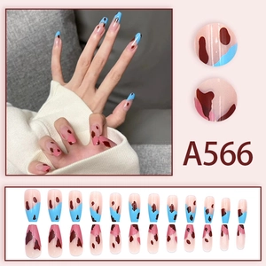 Blue and pink leopard spotted long trapezoid press-on nails with full 24-piece set display