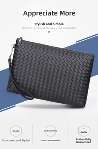 Macro detail of men's black woven leather clutch with signature Intrecciato weave texture