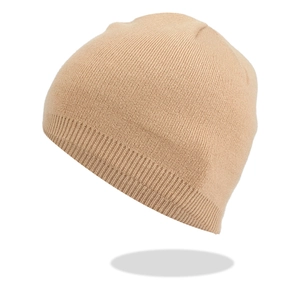 Close-up of beige knitted beanie showing detailed fine ribbed texture and thermal material