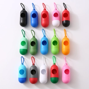 Grid view of capsule-shaped pet waste bag dispensers in 15 varied color combinations