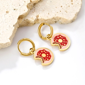 18K gold stainless steel hoop earrings with cute pink donut charms and red details
