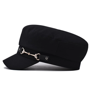 Classic black cadet cap for women with rhinestone heart horsebit detail on the brim