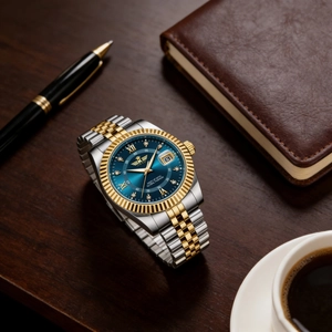Detail of luxury men's steel watch with blue dial, date calendar, and business accessories