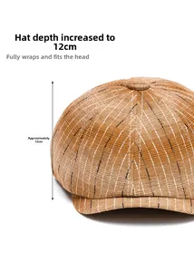 Detail showing 12cm deep crown on brown striped newsboy cap for full head coverage