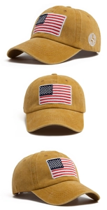 Three-angle view of mustard yellow washed cotton baseball cap with USA flag embroidery