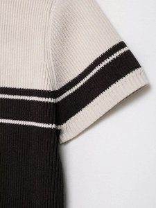 Detail of beige and dark brown striped cuffs on ribbed knit polo shirt for women