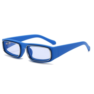 Modern blue plastic sunglasses with a metallic inner frame shown at a 45-degree angle
