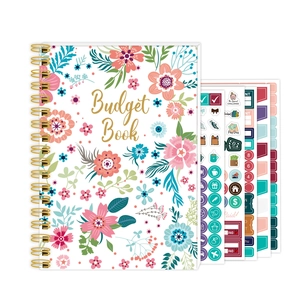 Floral budget planner book with colorful planner stickers and gold spiral binding
