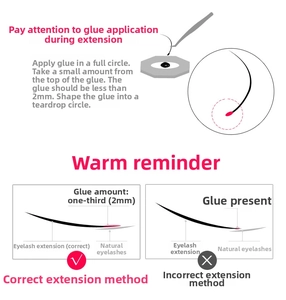 Eyelash extension glue application guide showing correct 2mm dip and placement technique