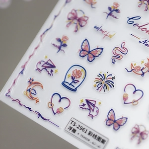 Colorful 5D embossed nail stickers TS-2961 featuring floral and butterfly line art patterns