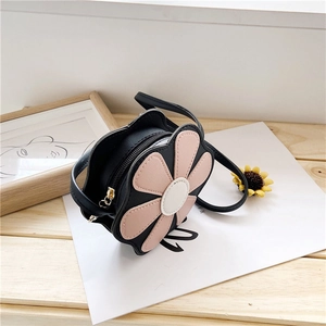 Cute black and pink floral PU leather mini crossbody bag for girls with gold zipper detail