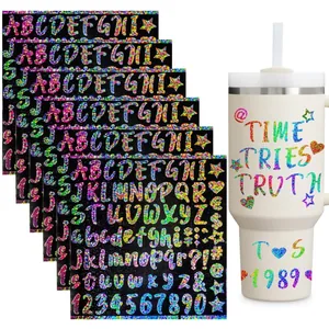 1-inch glitter alphabet stickers for water bottles showing colorful laser finish effects