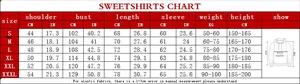 Detailed size chart for solid color full zip hoodie with measurements from S to XXXL