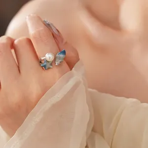 Seashell Star Artificial Pearl Open Adjustable Ring Copper Enamel Zircon Ocean Theme Beach Vacation Elegant Jewelry For Women
