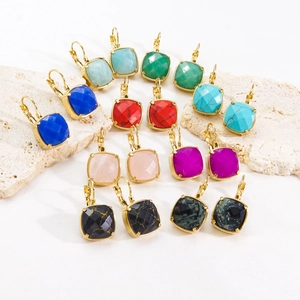 Elegant 14K gold plated square gemstone drop earrings in assorted vibrant colors